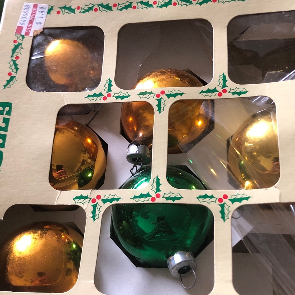 Classic Gold and Green Holiday Glass Ornaments - Set